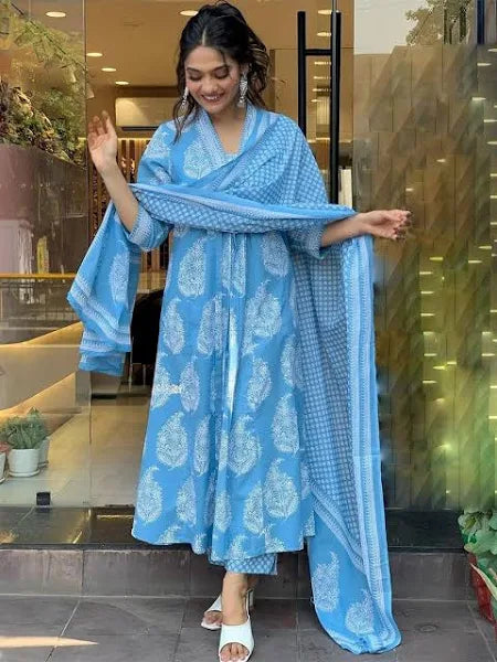 PARTHVI V-Neck Floral Printed Panelled Pure Cotton Anarkali Kurta with Trouser & Dupatta