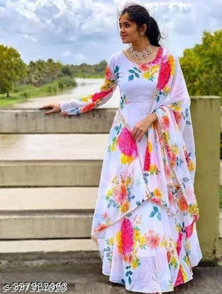 Flower Print Long Kurti with Dupatta